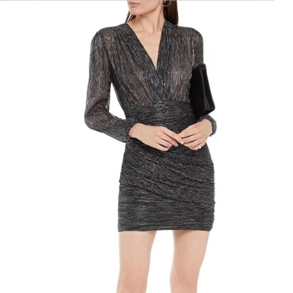 Maje Runny Black & Silver Metallic V-Neck Long Sleeve Drape Mini Dress View 3